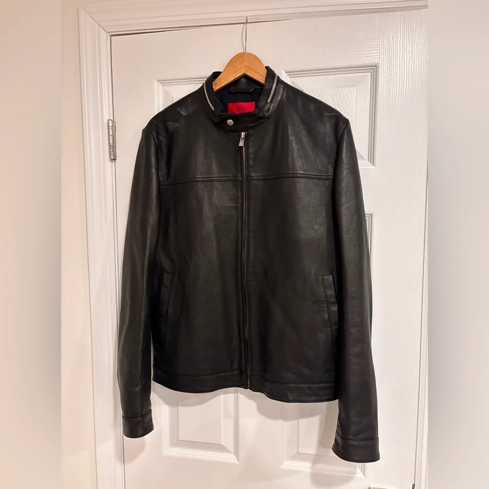 BOSS by Hugo Boss black leather zip-front biker jacket size large